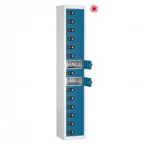 Tablet Storage Locker | Store & Charge | 15 Individual Compartments | White Carcass | Blue Door | Std UK Plug & USB | Hasp & Staple Lock | TABbox
