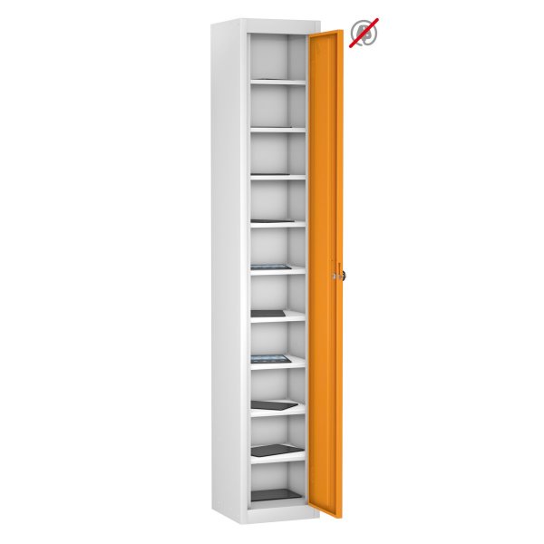 Tablet Storage Locker | Store Only | Single Door | 10 Compartments | White Carcass | Orange Door | Radial Pin Lock | TABbox