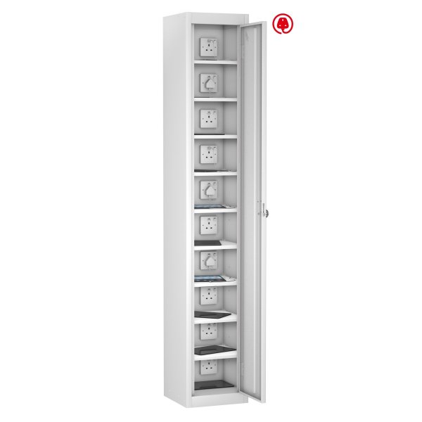 Tablet Storage Locker | Store & Charge | Single Door | 10 Compartments | White Carcass | White Door | Std UK Plug & USB | Radial Pin Lock | TABbox