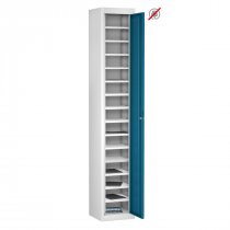 Tablet Storage Locker | Store Only | Single Door | 15 Compartments | White Carcass | Blue Door | Radial Pin Lock | TABbox