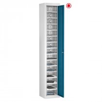 Tablet Storage Locker | Store & Charge | Single Door | 15 Compartments | White Carcass | Blue Door | Std UK Plug | Radial Pin Lock | TABbox