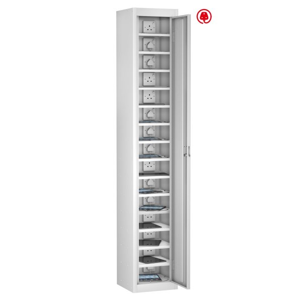 Tablet Storage Locker | Store & Charge | Single Door | 15 Compartments | White Carcass | White Door | Std UK Plug & USB | Radial Pin Lock | TABbox