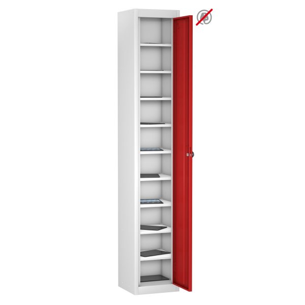 Tablet Storage Locker | Store Only | Single Door | 10 Compartments | White Carcass | Red Door | Combination Lock | TABbox