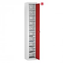 Tablet Storage Locker | Store & Charge | Single Door | 10 Compartments | White Carcass | Red Door | Std UK Plug | Digital Combination Lock | TABbox
