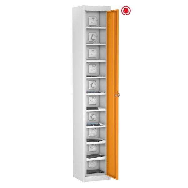 Tablet Storage Locker | Store & Charge | Single Door | 10 Compartments | White Carcass | Orange Door | Std UK Plug & USB | Digital Combination Lock | TABbox