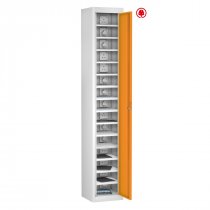 Tablet Storage Locker | Store & Charge | Single Door | 15 Compartments | White Carcass | Orange Door | Std UK Plug | Digital Combination Lock | TABbox