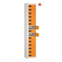 Tablet Storage Locker | Store & Charge | 15 Individual Compartments | White Carcass | Orange Door | Std UK Plug & USB | Digital Combination Lock | TABbox