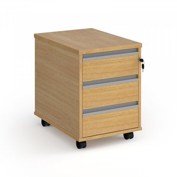 Mobile Pedestal | 3 Drawers | Oak | Silver Handles | Contract