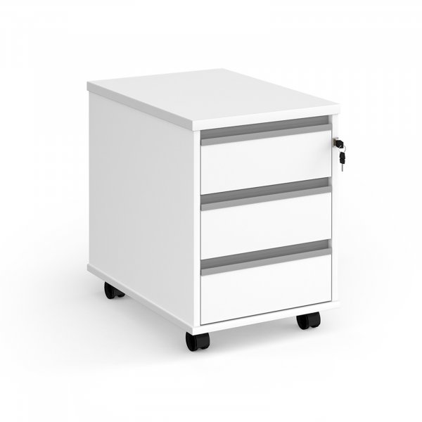 Mobile Pedestal | 3 Drawers | White | Silver Handles | Contract
