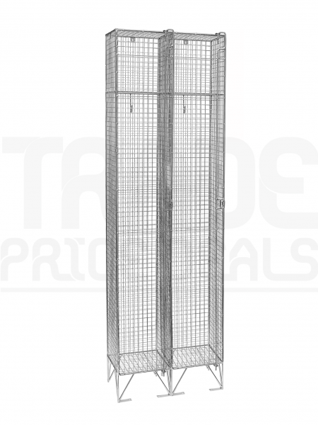 Nest of 2 Wire Mesh Lockers | 1 Open Compartment | 1980 x 305 x 305mm | Flat Top