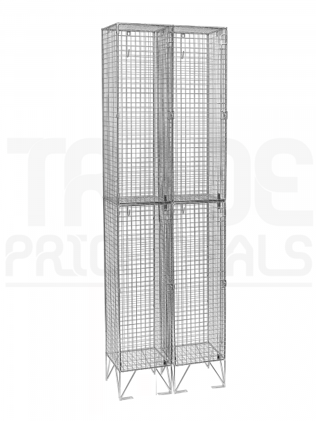 Nest of 2 Wire Mesh Lockers | 2 Open Compartments | 1980 x 305 x 305mm | Flat Top