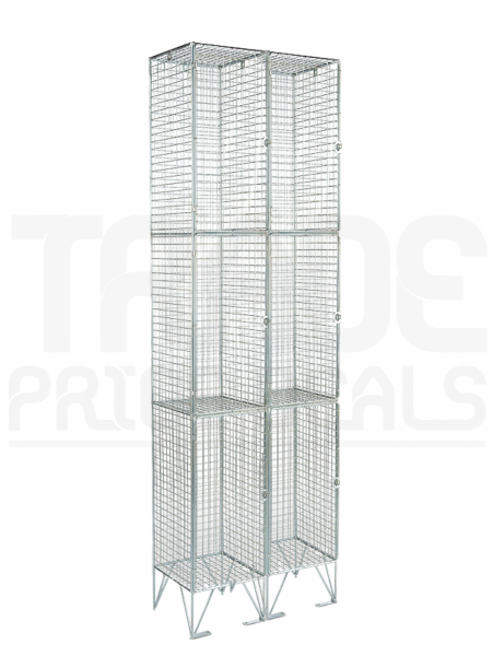Nest of 2 Wire Mesh Lockers | 3 Open Compartments | 2110 x 305 x 380mm | Sloping Top