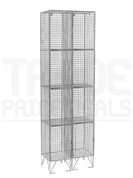 Nest of 2 Wire Mesh Lockers | 4 Open Compartments | 1980 x 305 x 305mm | Flat Top