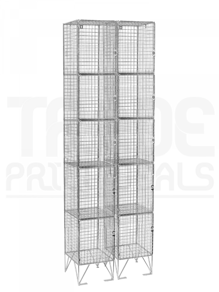 Nest of 2 Wire Mesh Lockers | 5 Open Compartments | 1980 x 305 x 305mm | Flat Top