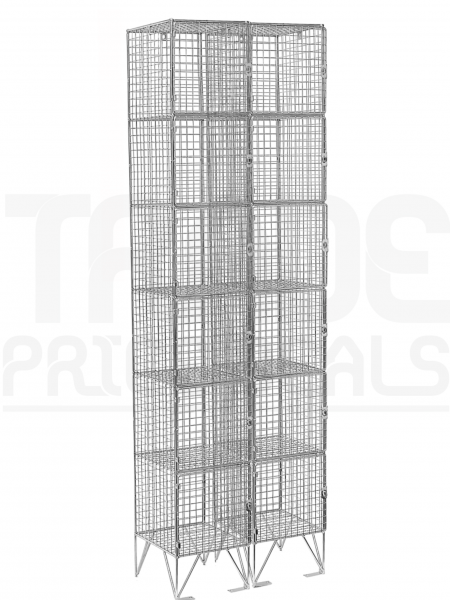 Nest of 2 Wire Mesh Lockers | 6 Open Compartments | 1980 x 305 x 305mm | Flat Top