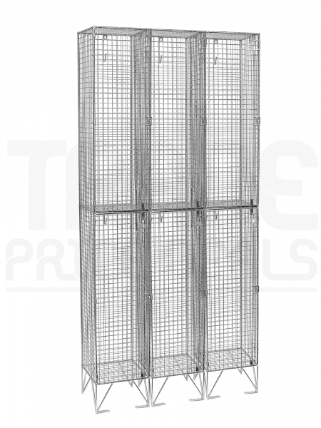 Nest of 3 Wire Mesh Lockers | 2 Open Compartments | 2110 x 305 x 305mm | Sloping Top
