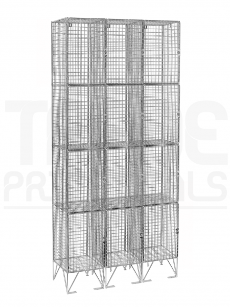 Nest of 3 Wire Mesh Lockers | 4 Open Compartments | 1980 x 305 x 305mm | Flat Top