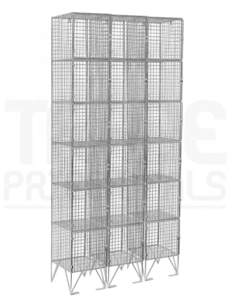 Nest of 3 Wire Mesh Lockers | 6 Open Compartments | 1980 x 305 x 305mm | Flat Top