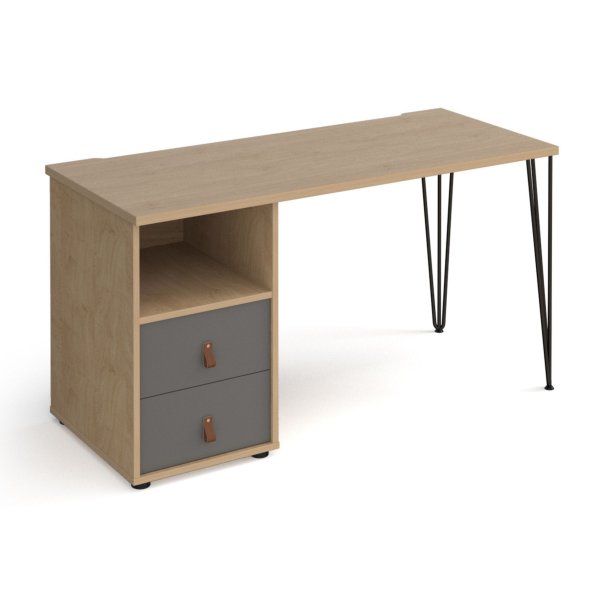 Home Office Desk | 1400 x 600mm | Kendal Oak Top | Onyx Grey Drawer Pedestal LH | Black Hairpin Legs RH | Tikal