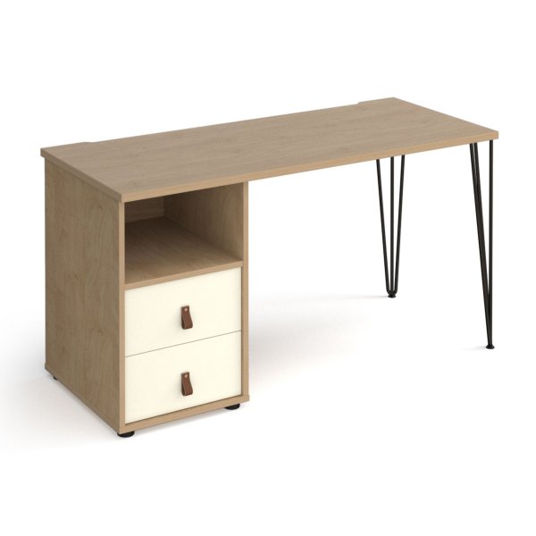 Home Office Desk | 1400 x 600mm | Kendal Oak Top | White Drawer Pedestal LH | Black Hairpin Legs RH | Tikal