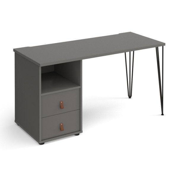 Home Office Desk | 1400 x 600mm | Onyx Grey | Drawer Pedestal LH | Black Hairpin Legs RH | Tikal