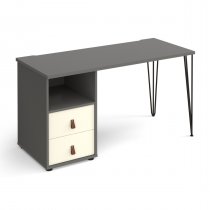 Home Office Desk | 1400 x 600mm | Onyx Grey Top | White Drawer Pedestal LH | Black Hairpin Legs RH | Tikal
