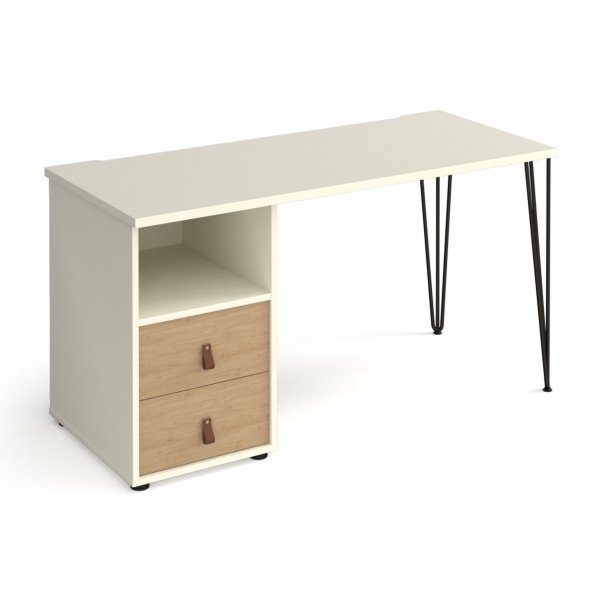 Home Office Desk | 1400 x 600mm | White Top | Kendal Oak Drawer Pedestal LH | Black Hairpin Legs RH | Tikal