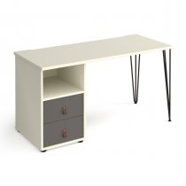 Home Office Desk | 1400 x 600mm | White Top | Onyx Grey Drawer Pedestal LH | Black Hairpin Legs RH | Tikal