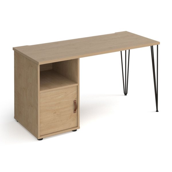 Home Office Desk | 1400 x 600mm | Kendal Oak | Cupboard Pedestal LH | Black Hairpin Legs RH | Tikal