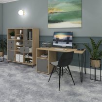 Home Office Desk | 1400 x 600mm | Kendal Oak Top | Onyx Grey Cupboard Pedestal LH | Black Hairpin Legs RH | Tikal