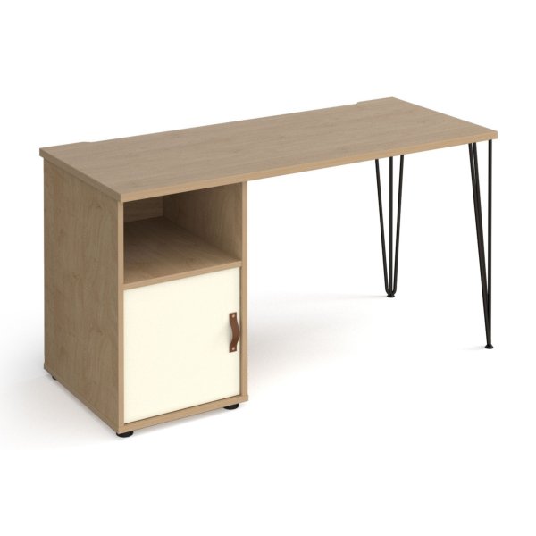 Home Office Desk | 1400 x 600mm | Kendal Oak Top | White Cupboard Pedestal LH | Black Hairpin Legs RH | Tikal
