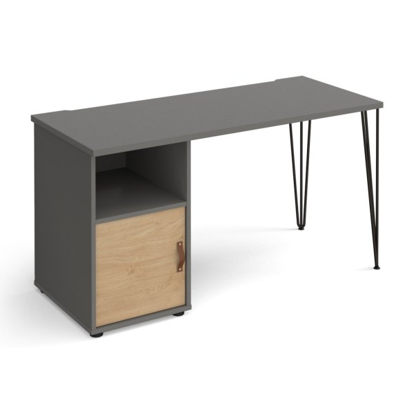 Home Office Desk | 1400 x 600mm | Onyx Grey Top | Kendal Oak Cupboard Pedestal LH | Black Hairpin Legs RH | Tikal