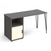 Home Office Desk | 1400 x 600mm | Onyx Grey Top | White Cupboard Pedestal LH | Black Hairpin Legs RH | Tikal