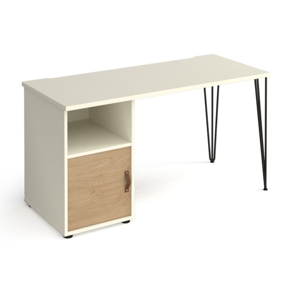 Home Office Desk | 1400 x 600mm | White Top | Kendal Oak Cupboard Pedestal LH | Black Hairpin Legs RH | Tikal