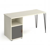 Home Office Desk | 1400 x 600mm | White Top | Onyx Grey Cupboard Pedestal LH | Black Hairpin Legs RH | Tikal