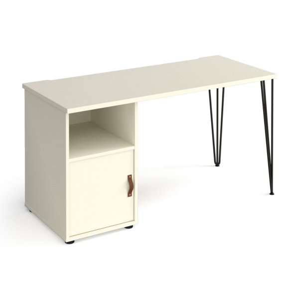 Home Office Desk | 1400 x 600mm | White | Cupboard Pedestal LH | Black Hairpin Legs RH | Tikal