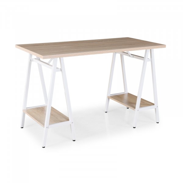 Home Office Desk | 1200 x 600mm | Oak | White Legs | 2 Shelves | Pella