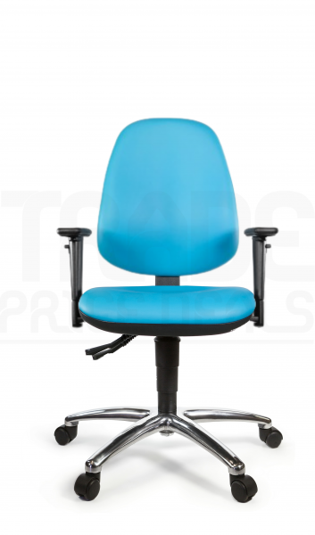 Vinyl Low Chair | High Back | Adjustable Arms | Static Seat | Braked Castors | Sapphire Blue | L-Tech