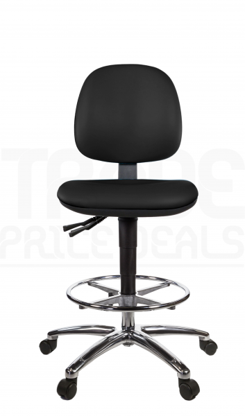 Vinyl Draughtsman Chair | Chrome Footrest | Medium Back | No Arms | Static Seat | Braked Castors | Noir | L-Tech