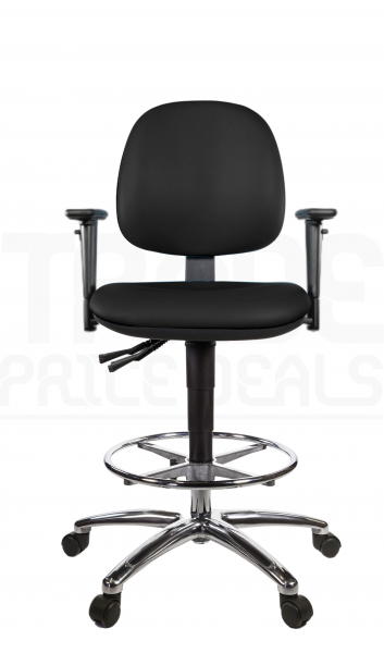 Vinyl Draughtsman Chair | Chrome Footrest | Medium Back | Adjustable Arms | Static Seat | Standard Castors | Noir | L-Tech