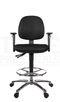 Vinyl Draughtsman Chair | Chrome Footrest | Medium Back | Adjustable Arms | Static Seat | Braked Castors | Noir | L-Tech