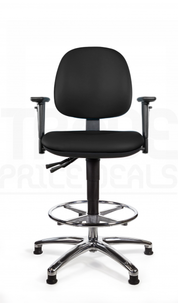Vinyl Draughtsman Chair | Chrome Footrest | Medium Back | Adjustable Arms | Static Seat | Glides | Noir | L-Tech