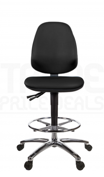 Vinyl Draughtsman Chair | Chrome Footrest | High Back | No Arms | Static Seat | Braked Castors | Noir | L-Tech