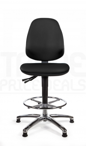 Vinyl Draughtsman Chair | Chrome Footrest | High Back | No Arms | Static Seat | Glides | Noir | L-Tech