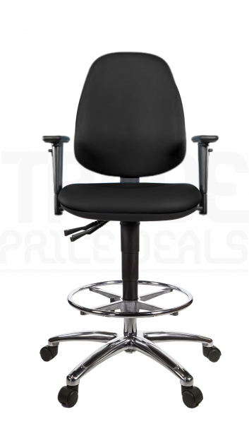 Vinyl Draughtsman Chair | Chrome Footrest | High Back | Adjustable Arms | Seat Slide | Standard Castors | Noir | L-Tech