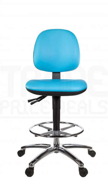 Vinyl Draughtsman Chair | Chrome Footrest | Medium Back | No Arms | Independent Seat Tilt | Braked Castors | Sapphire Blue | L-Tech