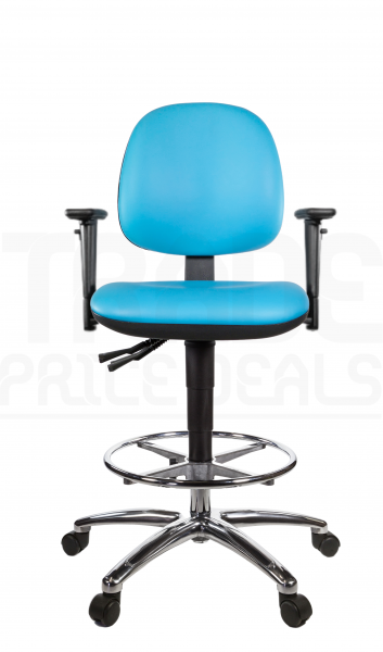 Vinyl Draughtsman Chair | Chrome Footrest | Medium Back | Adjustable Arms | Static Seat | Standard Castors | Sapphire Blue | L-Tech