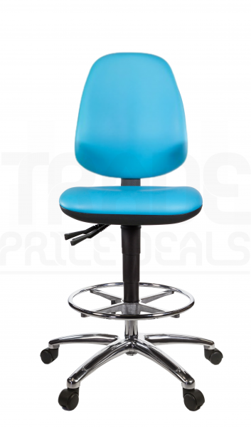 Vinyl Draughtsman Chair | Chrome Footrest | High Back | No Arms | Static Seat | Braked Castors | Sapphire Blue | L-Tech