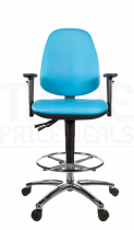 Vinyl Draughtsman Chair | Chrome Footrest | High Back | Adjustable Arms | Static Seat | Braked Castors | Sapphire Blue | L-Tech