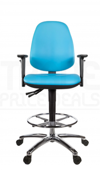 Vinyl Draughtsman Chair | Chrome Footrest | High Back | Adjustable Arms | Seat Slide | Braked Castors | Sapphire Blue | L-Tech